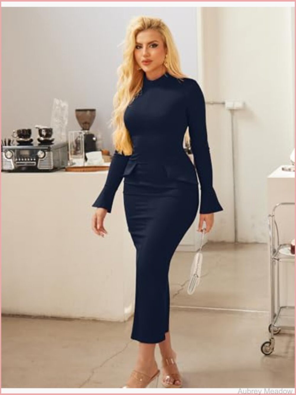 Long Sleeve Mock Turtle Neck Bodycon Pencil Dress with Back Slit - Picture 4 of 7